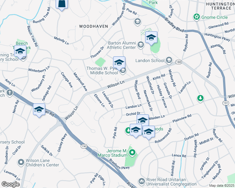 map of restaurants, bars, coffee shops, grocery stores, and more near 6402 Kirby Road in Bethesda