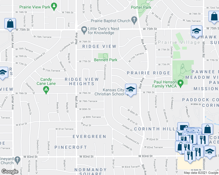 map of restaurants, bars, coffee shops, grocery stores, and more near 7848 Juniper Drive in Prairie Village