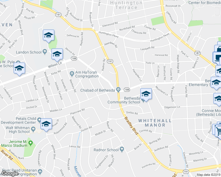 map of restaurants, bars, coffee shops, grocery stores, and more near 5704 Wilson Lane in Bethesda
