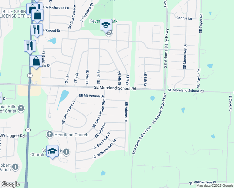 map of restaurants, bars, coffee shops, grocery stores, and more near 3209 Southeast 6th Court in Blue Springs