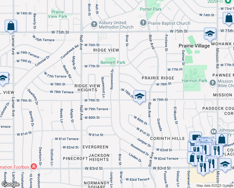 map of restaurants, bars, coffee shops, grocery stores, and more near 7848 Juniper Drive in Prairie Village