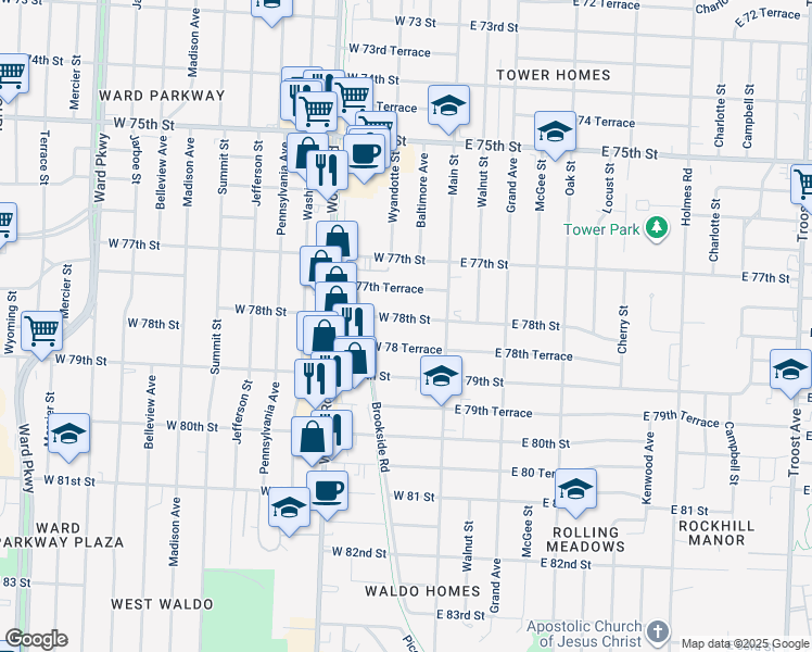 map of restaurants, bars, coffee shops, grocery stores, and more near 107 West 78th Street in Kansas City