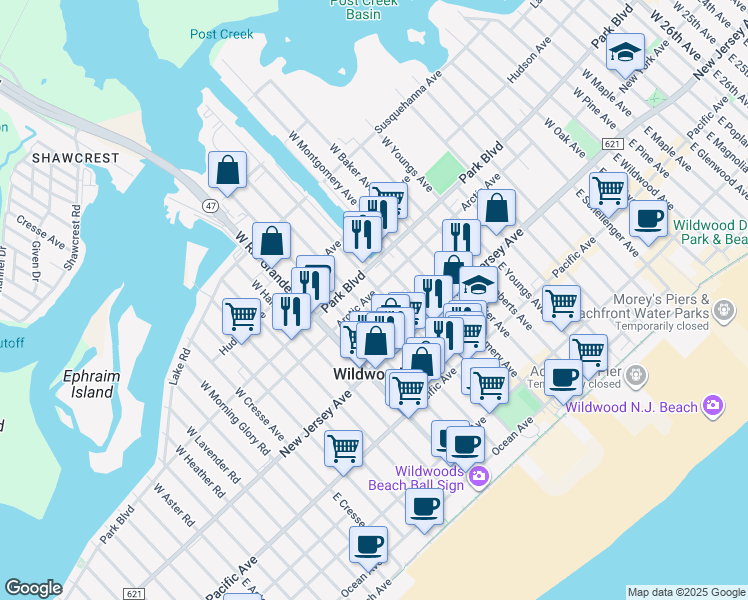 map of restaurants, bars, coffee shops, grocery stores, and more near 4605 Arctic Avenue in Wildwood