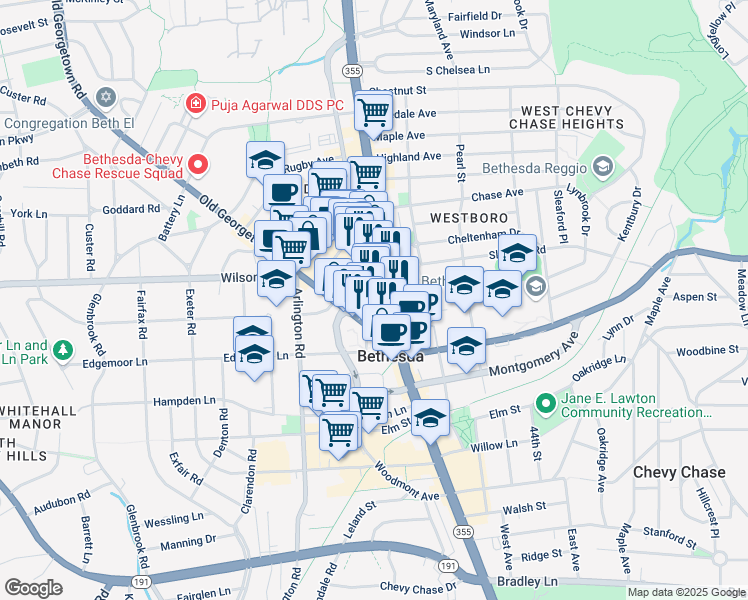 map of restaurants, bars, coffee shops, grocery stores, and more near 7700 Wisconsin Avenue in Bethesda