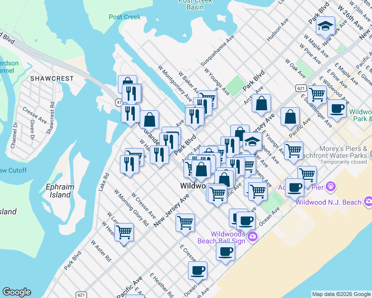 map of restaurants, bars, coffee shops, grocery stores, and more near 4711 Park Boulevard in Wildwood