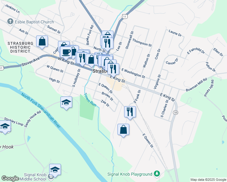 map of restaurants, bars, coffee shops, grocery stores, and more near 435 East Queen Street in Strasburg