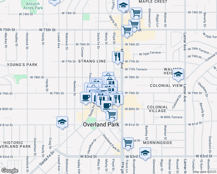 map of restaurants, bars, coffee shops, grocery stores, and more near 7829 Marty Street in Overland Park