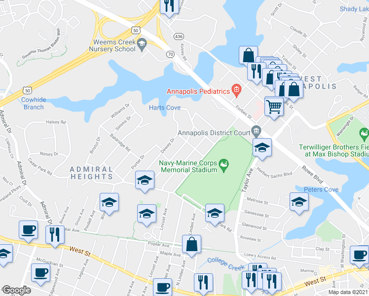 map of restaurants, bars, coffee shops, grocery stores, and more near 234 Sumner Road in Annapolis
