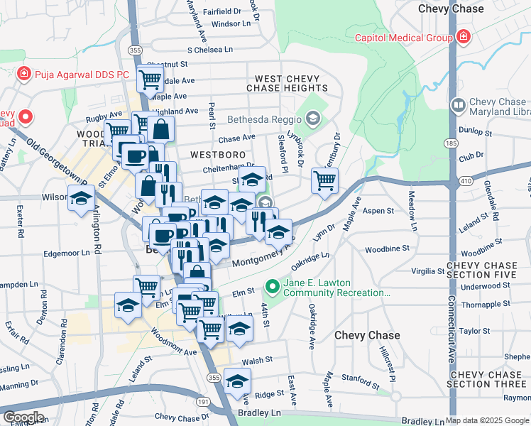 map of restaurants, bars, coffee shops, grocery stores, and more near 4301 East-West Highway in Bethesda