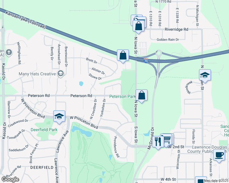 map of restaurants, bars, coffee shops, grocery stores, and more near 506 Lancaster Court in Lawrence