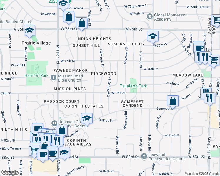 map of restaurants, bars, coffee shops, grocery stores, and more near 7839 Canterbury Street in Prairie Village