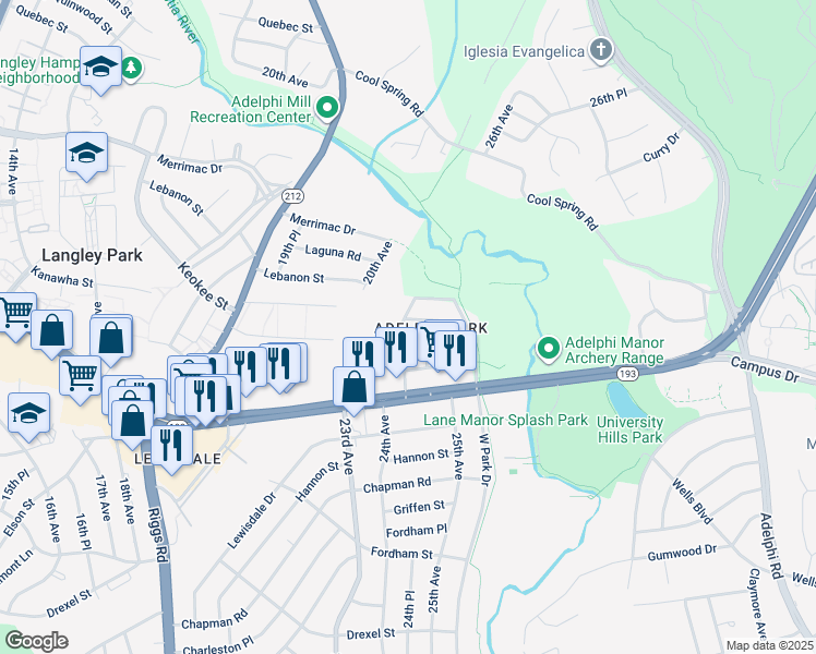 map of restaurants, bars, coffee shops, grocery stores, and more near 7925 24th Avenue in Hyattsville