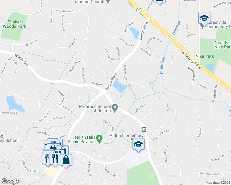 map of restaurants, bars, coffee shops, grocery stores, and more near 1217 Weatherstone Court in Reston