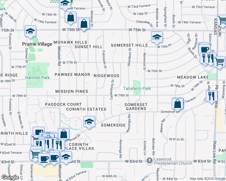 map of restaurants, bars, coffee shops, grocery stores, and more near 7839 Canterbury Street in Prairie Village