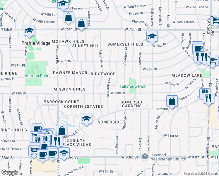 map of restaurants, bars, coffee shops, grocery stores, and more near 7839 Canterbury Street in Prairie Village