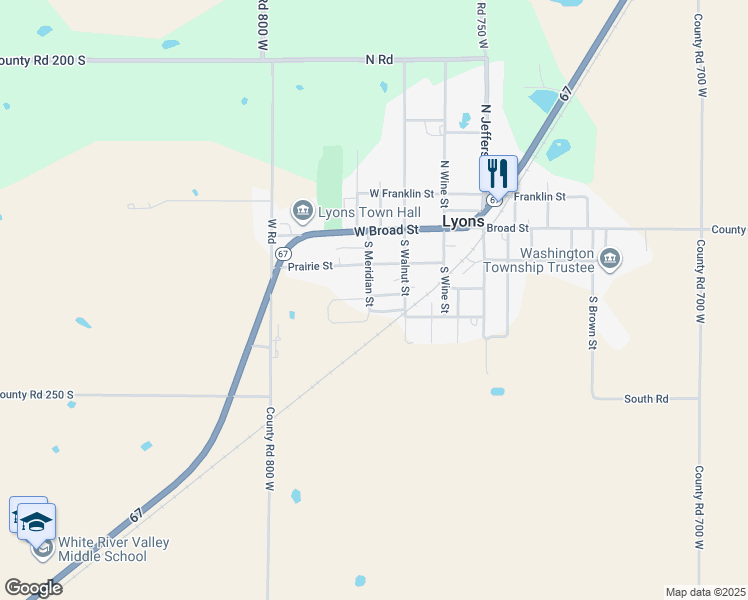 map of restaurants, bars, coffee shops, grocery stores, and more near 270 South Walnut Street in Lyons