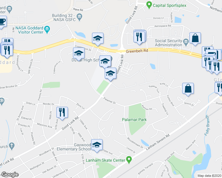 map of restaurants, bars, coffee shops, grocery stores, and more near 6938 Woodstream Lane in Lanham