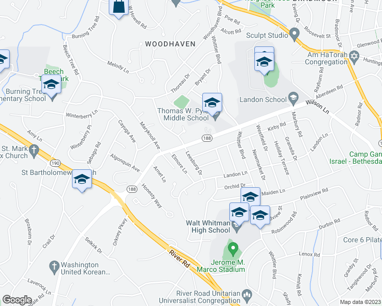 map of restaurants, bars, coffee shops, grocery stores, and more near 7801 Leesburg Drive in Bethesda