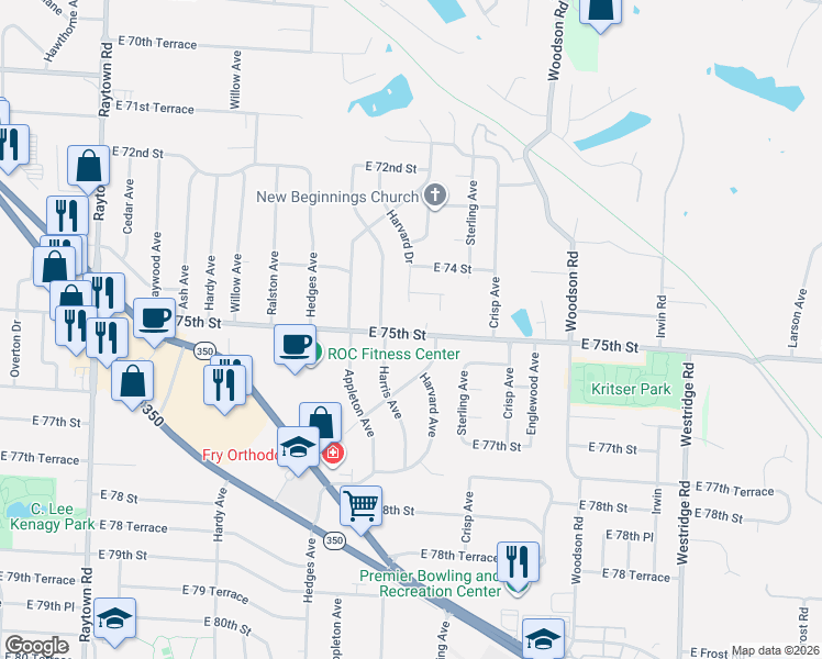 map of restaurants, bars, coffee shops, grocery stores, and more near 11012 East 75th Street in Raytown
