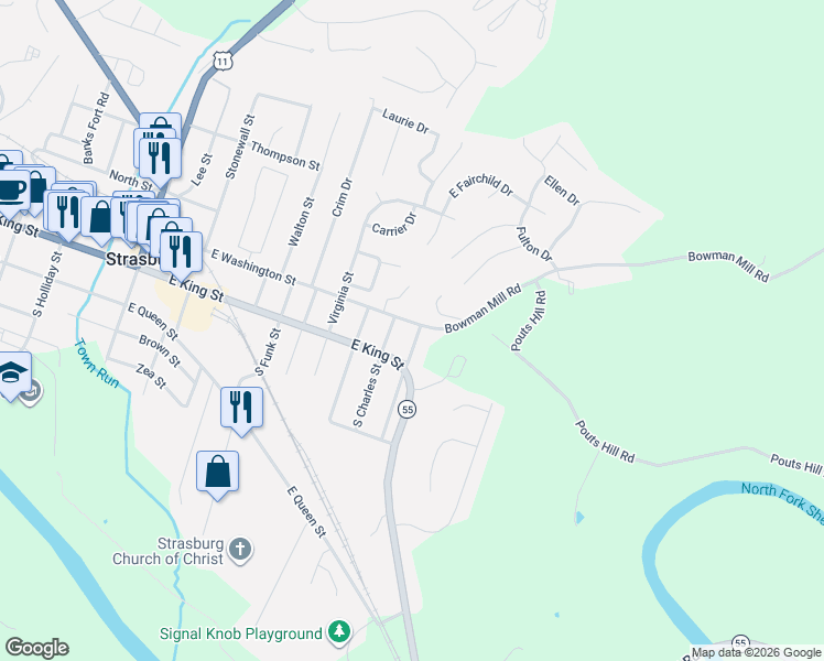 map of restaurants, bars, coffee shops, grocery stores, and more near 183 North Eberly Street in Strasburg