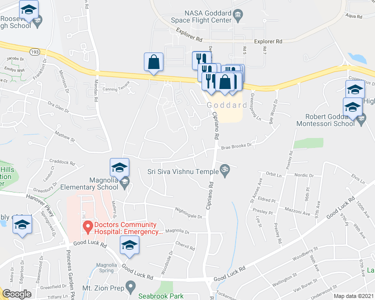 map of restaurants, bars, coffee shops, grocery stores, and more near 8608 Brae Brooke Drive in Lanham