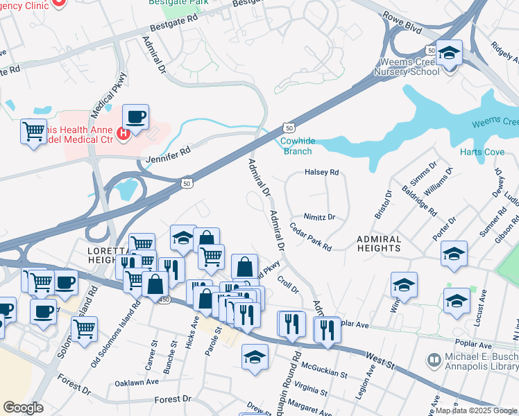 map of restaurants, bars, coffee shops, grocery stores, and more near 445 Captains Circle in Annapolis