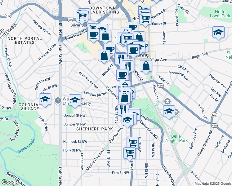 map of restaurants, bars, coffee shops, grocery stores, and more near 7915 Eastern Avenue in Silver Spring