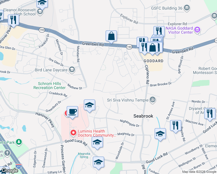 map of restaurants, bars, coffee shops, grocery stores, and more near 8683 Greenbelt Road in Greenbelt