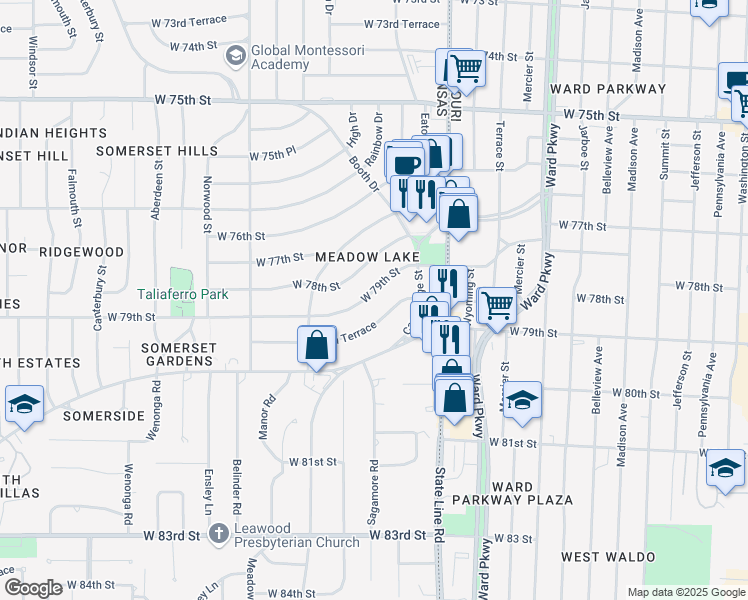 map of restaurants, bars, coffee shops, grocery stores, and more near 2225 West 79th Street in Prairie Village