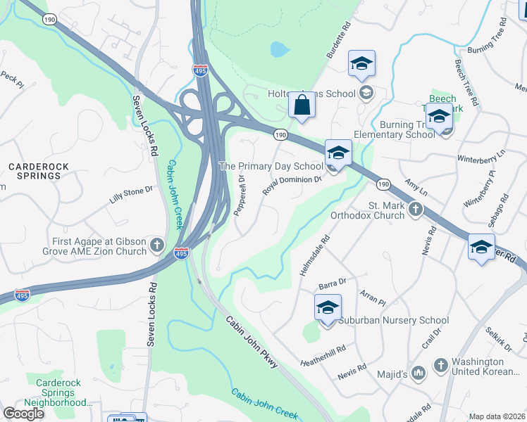 map of restaurants, bars, coffee shops, grocery stores, and more near 7516 Royal Dominion Drive in Bethesda