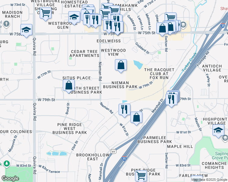map of restaurants, bars, coffee shops, grocery stores, and more near 7801 Nieman Road in Shawnee