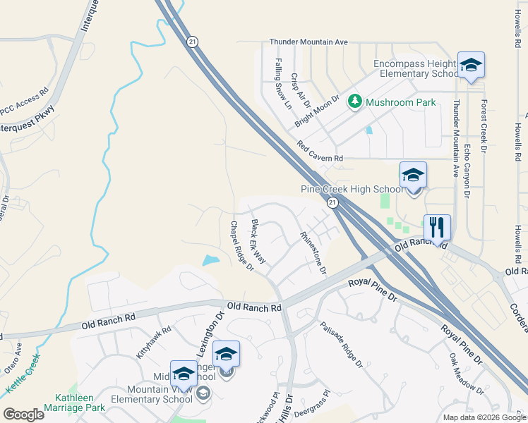 map of restaurants, bars, coffee shops, grocery stores, and more near 10744 Rhinestone Drive in Colorado Springs