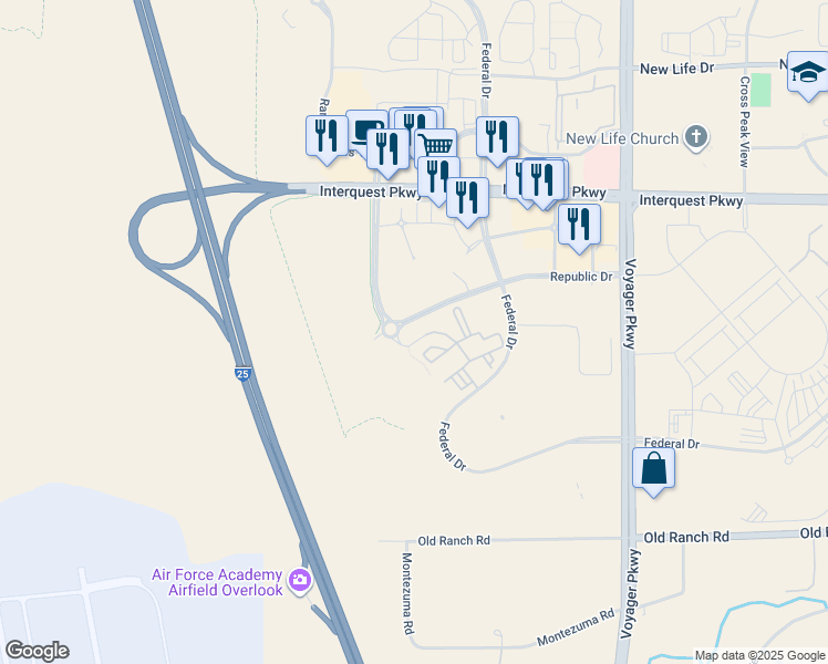 map of restaurants, bars, coffee shops, grocery stores, and more near 10691 Hiker Peak View in Colorado Springs
