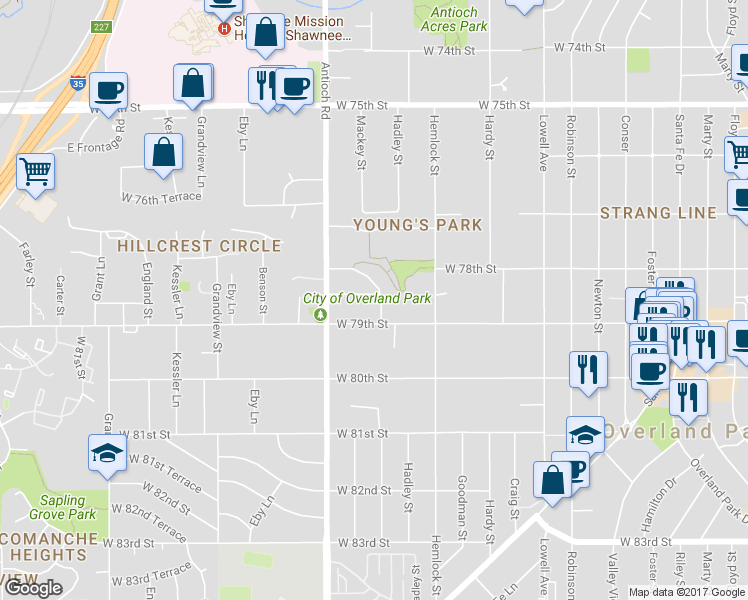 map of restaurants, bars, coffee shops, grocery stores, and more near 7824 Woodward in Overland Park