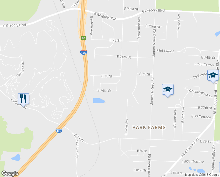 map of restaurants, bars, coffee shops, grocery stores, and more near 7630 East 76th Street in Kansas City