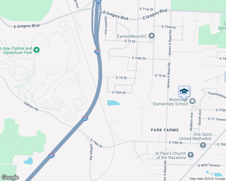 map of restaurants, bars, coffee shops, grocery stores, and more near 7514 East 76th Street in Kansas City