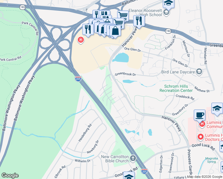 map of restaurants, bars, coffee shops, grocery stores, and more near 7060 Hanover Parkway in Greenbelt