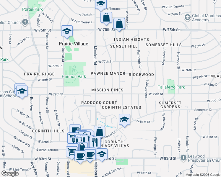 map of restaurants, bars, coffee shops, grocery stores, and more near 7839 Mohawk Drive in Prairie Village