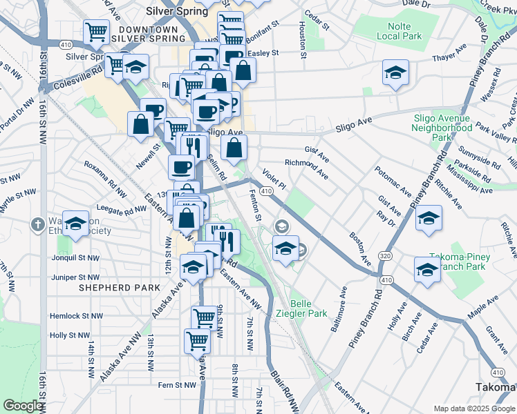map of restaurants, bars, coffee shops, grocery stores, and more near 816 Islington Street in Silver Spring