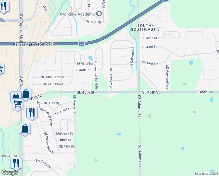 map of restaurants, bars, coffee shops, grocery stores, and more near 4429 Southeast Oakview Lane in Topeka