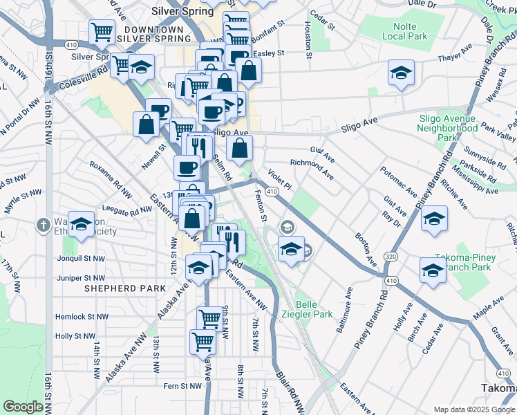 map of restaurants, bars, coffee shops, grocery stores, and more near 7726 Fenton Street in Silver Spring