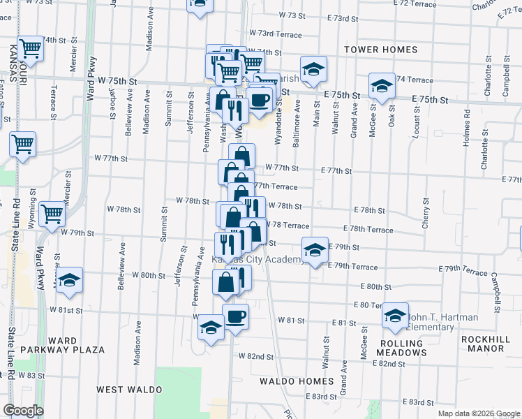 map of restaurants, bars, coffee shops, grocery stores, and more near 217 West 78th Street in Kansas City