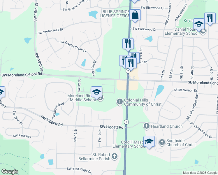 map of restaurants, bars, coffee shops, grocery stores, and more near 808 Southwest Bishop Court in Blue Springs
