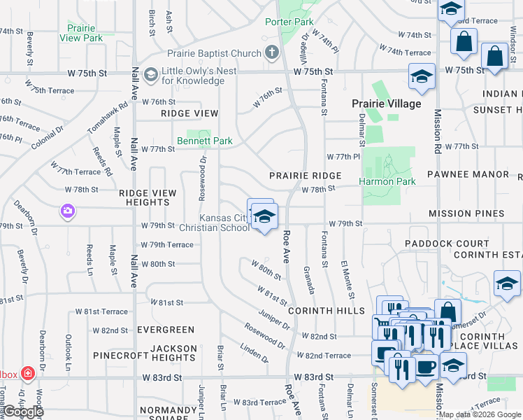 map of restaurants, bars, coffee shops, grocery stores, and more near 4803 West 78th Terrace in Prairie Village