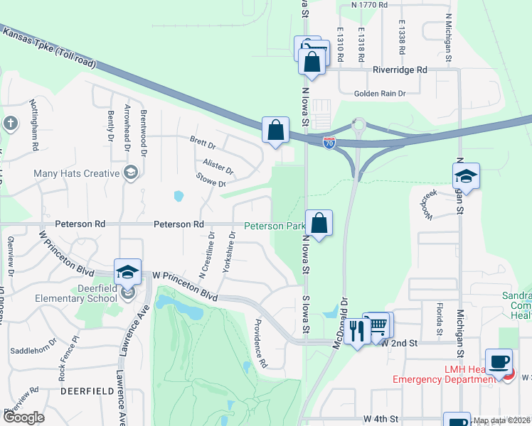 map of restaurants, bars, coffee shops, grocery stores, and more near 506 Lancaster Court in Lawrence