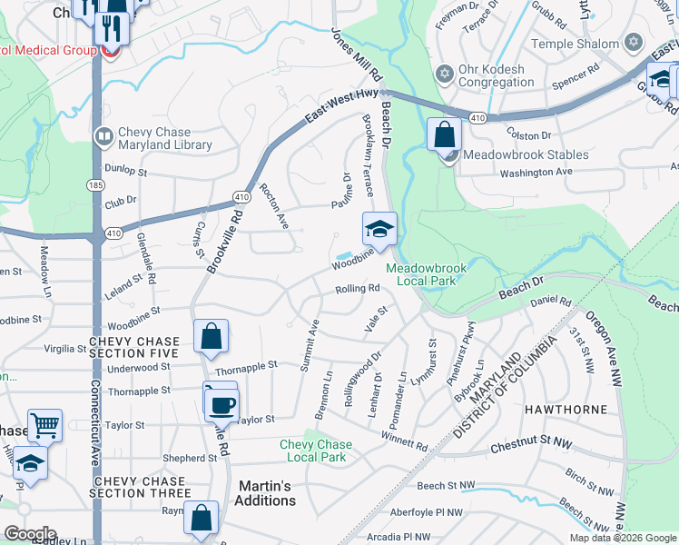 map of restaurants, bars, coffee shops, grocery stores, and more near 3208 Woodbine Street in Chevy Chase