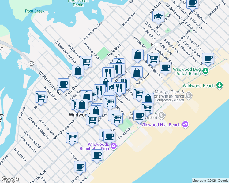 map of restaurants, bars, coffee shops, grocery stores, and more near 125 East Baker Avenue in Wildwood