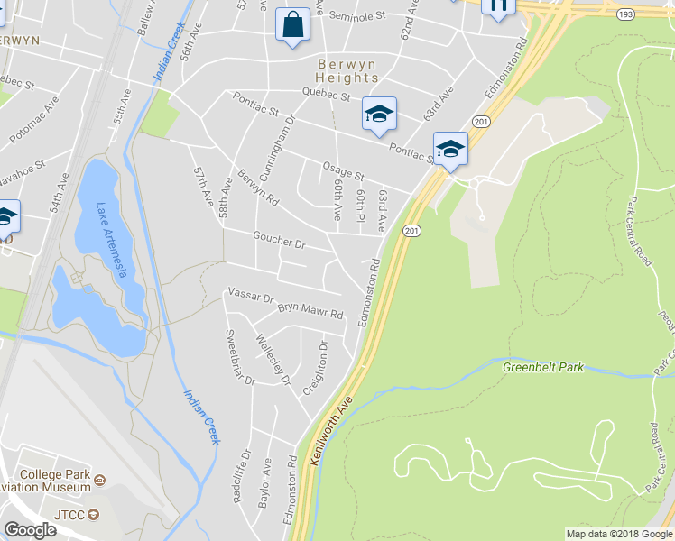 map of restaurants, bars, coffee shops, grocery stores, and more near 7614 Charlton Avenue in Berwyn Heights