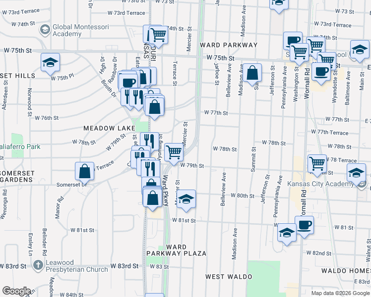 map of restaurants, bars, coffee shops, grocery stores, and more near 7741 Mercier St in Kansas City