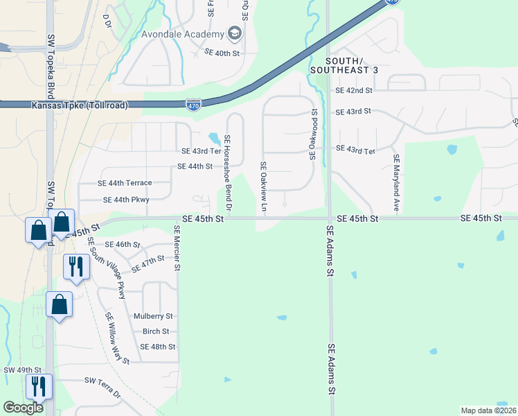 map of restaurants, bars, coffee shops, grocery stores, and more near 4429 Southeast Oakview Lane in Topeka